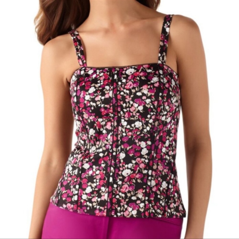 White House Black Market Black Floral Square-Neck Tank with Pink & White Accents